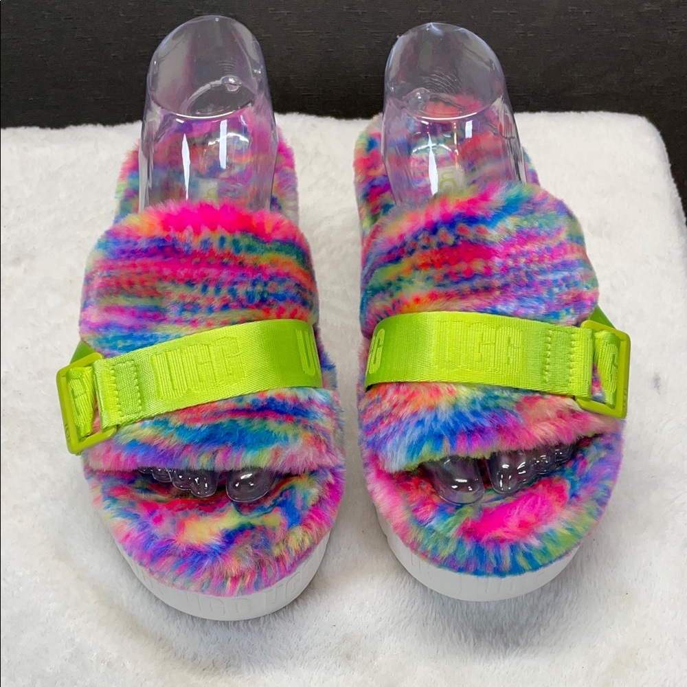 UGG Pink and Green Fluffita in Pixelate Platform Sandals with Fuzzy Upper - Picture 3 of 11